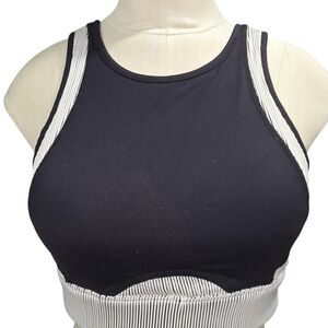 ALO Yoga Black High-Neck Sports Bra with White Ribbed Accent
